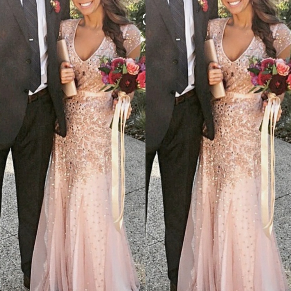 Adrianna Papell beaded cap sleeves V-neck waistband long Dress - Picture 8 of 9